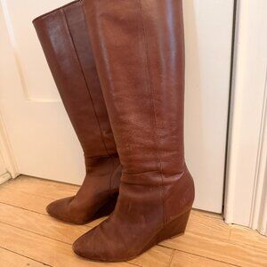 Loeffler Randall Brown Leather Tall Wedge Boots-Size 8